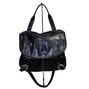 Fossil‎ Lizette Black Leather Canvas Messenger Bag Cross Body Purse